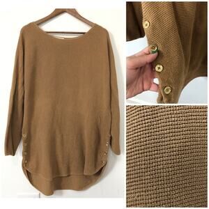 Michael Kors Brown Knit Sweater Tunic 2X Plus Button Side Hem Minimalist‎